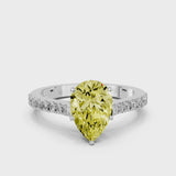 Silver Fancy Yellow Pear  Cut Solitaire Diamond Engagement Ring with Pave Band and Four-Prong Setting