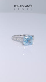 Silver Fancy Blue Cushion Cut Diamond Cathedral Solitaire Ring with Round  Pavé Band