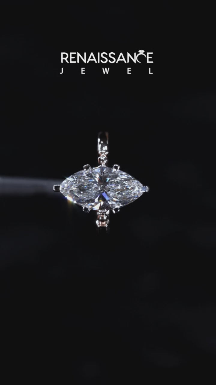 Rose gold Marquise Solitaire Beaded Band with Four-Prong Setting 5