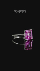 Silver Emerald Cut Pink Sapphire Solitaire Engagement Ring with Round Band and Four-Prong Setting