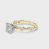 Yellow gold Cushion Solitaire Bezel-Set Diamond Ring with Beaded Band and Four-Prong Setting