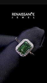 Silver Fancy Green Emerald Cut Halo Diamond Ring with Solitaire Band and Prong Setting