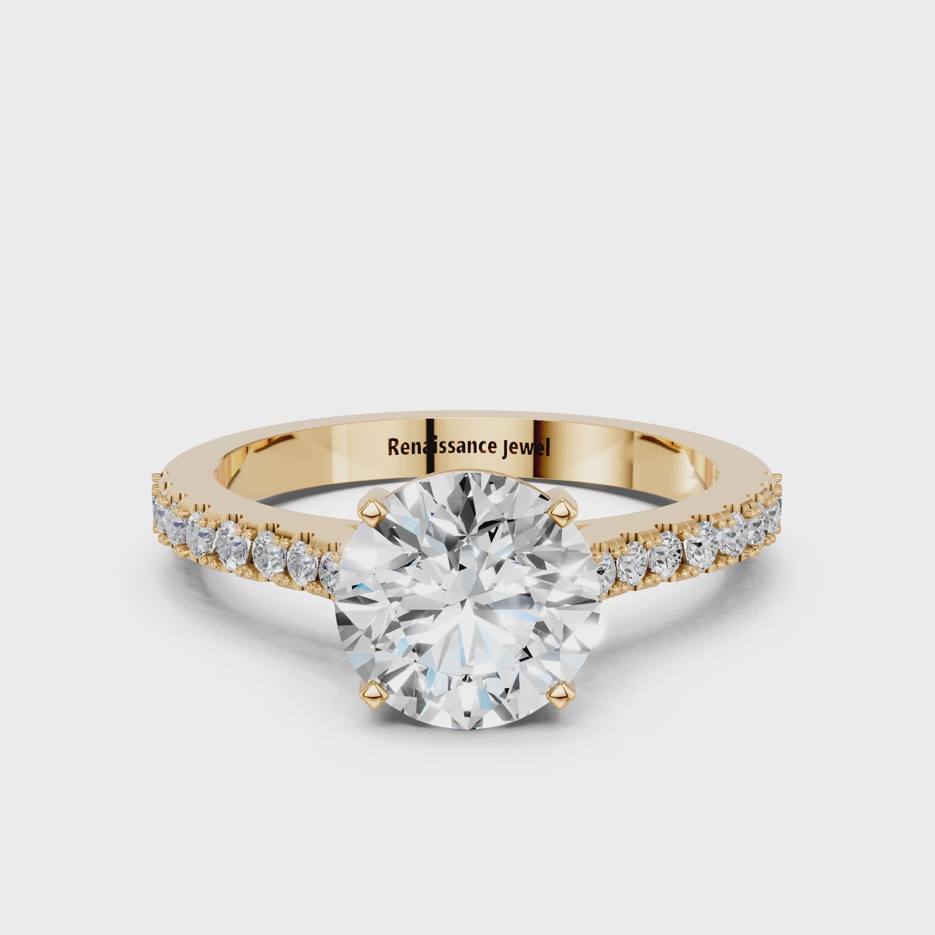 Yellow gold Round Cut Solitaire Diamond Engagement Ring with Pave Band and Four-Prong Setting_89