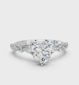 Silver Heart Cut Solitaire Diamond Ring with Pave Band and Four-Prong Setting