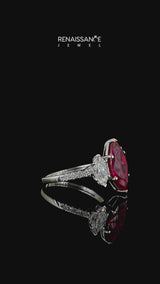 Silver Three-Stone Marquise Cut Ruby Ring with Round  Pavé Band and Prong Setting