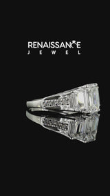 White gold Emerald Cut Diamond Three-Stone Ring with Channel Set Band and Four-Prong Setting