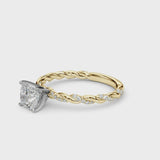 Yellow gold Cushion Cut Diamond Solitaire Ring with Twisted Band and Pavé Accents