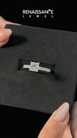 White gold Asscher Cut Diamond Pavé Band Solitaire Ring with Prong Setting