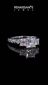 Silver Three-Stone Emerald Cut Diamond Braided Band Ring with Four-Prong Setting