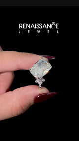 White gold Cushion Cut Diamond Ring with Side Stones and Four-Prong Setting