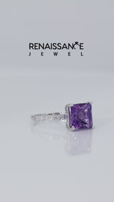 Silver Princess Cut Amethyst Solitaire Ring with Round  Pavé Band and Prong Setting
