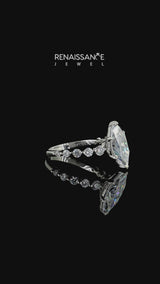 Silver Marquise Cut Solitaire Moissanite Ring with Pave Band and Four-Prong Setting