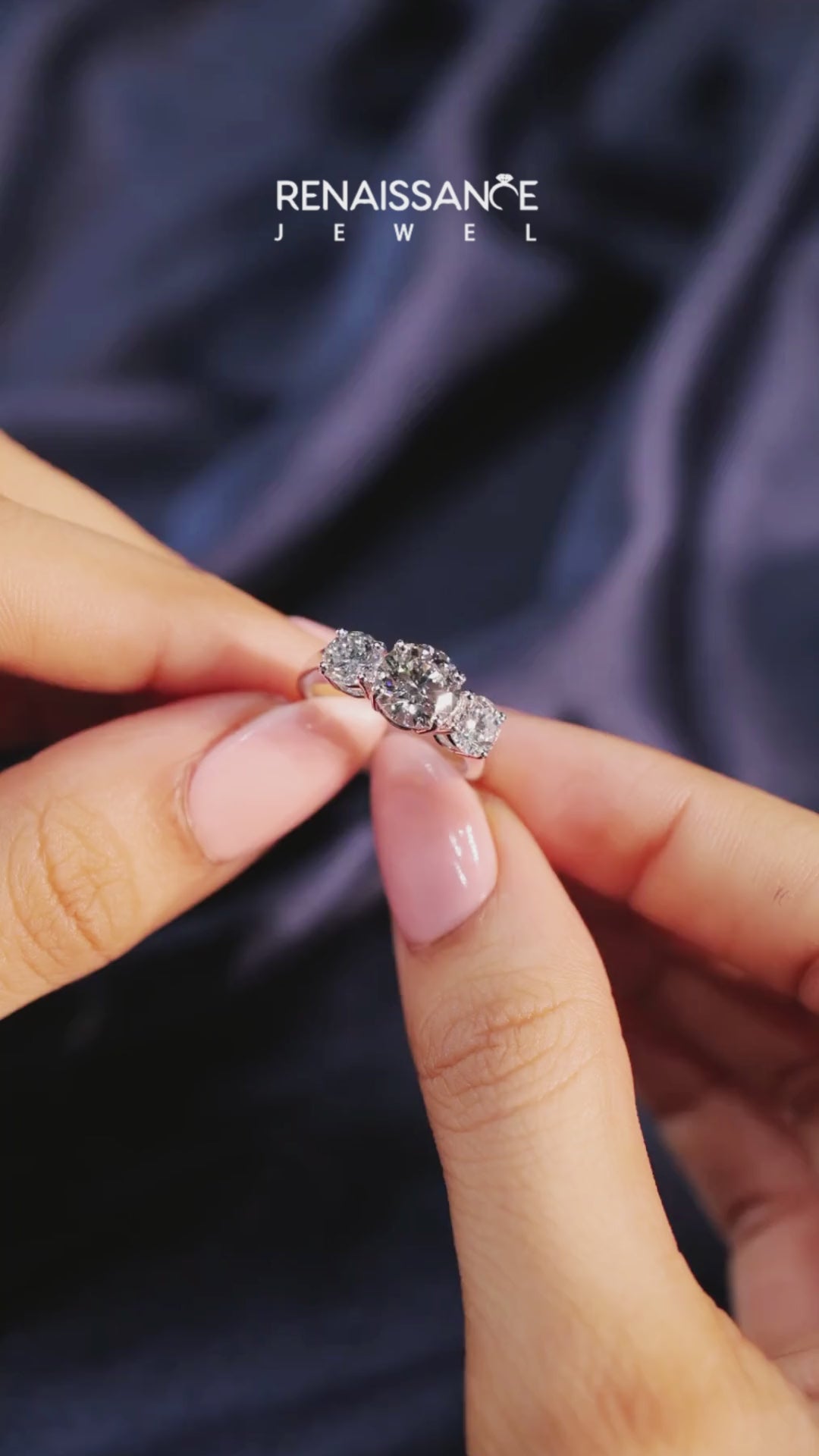 Silver Three-Stone Round Cut Diamond Engagement Ring with Flat Band and Four-Prong Setting 7