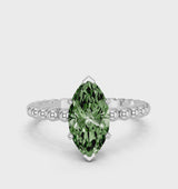 Platinum Fancy Green Marquise Cut Diamond Solitaire Ring with Beaded Band and Prong Setting