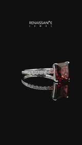 Silver Princess Cut Ruby Solitaire Ring with Round  Pavé Band and Prong Setting