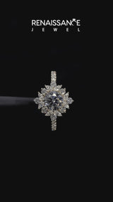 Yellow gold Round Halo Diamond Floral Cluster Ring with Pavé Band and Prong Setting