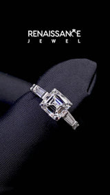 Silver Asscher Cut Diamond Ring with Baguette Side Stones, Channel Set Band, and Four-Prong Setting