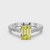 White gold Fancy Yellow Emerald  Cut Solitaire Diamond Engagement Ring with Pave Band and Four-Prong Setting