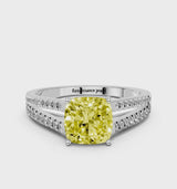 Silver Fancy Yellow Cushion Cut Diamond Solitaire Engagement Ring with Split Shank Pavé Band