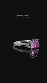 Silver Cushion Cut Pink Sapphire Pave Band Solitaire Ring with Round  and Prong Setting