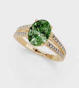 Yellow gold Fancy Green Oval Cut Diamond Solitaire Engagement Ring with Split Shank Pavé Band