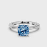 Silver Fancy Blue Cushion Cut Diamond Solitaire Ring with Six-Prong Setting and Classic Band