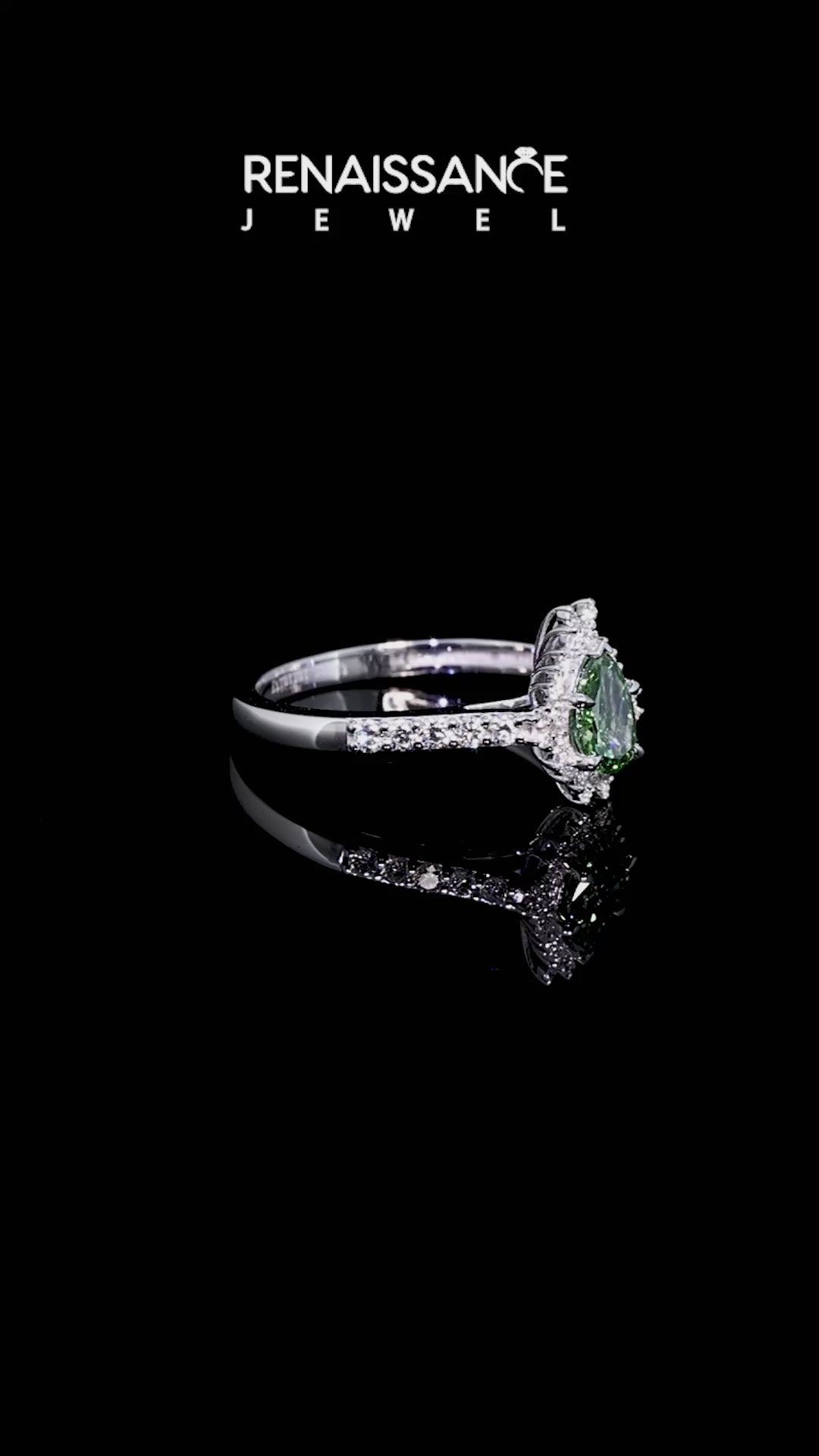 Silver Fancy Green Pear Cut Cut Diamond Sunburst Halo Engagement Ring with Pavé Band_12