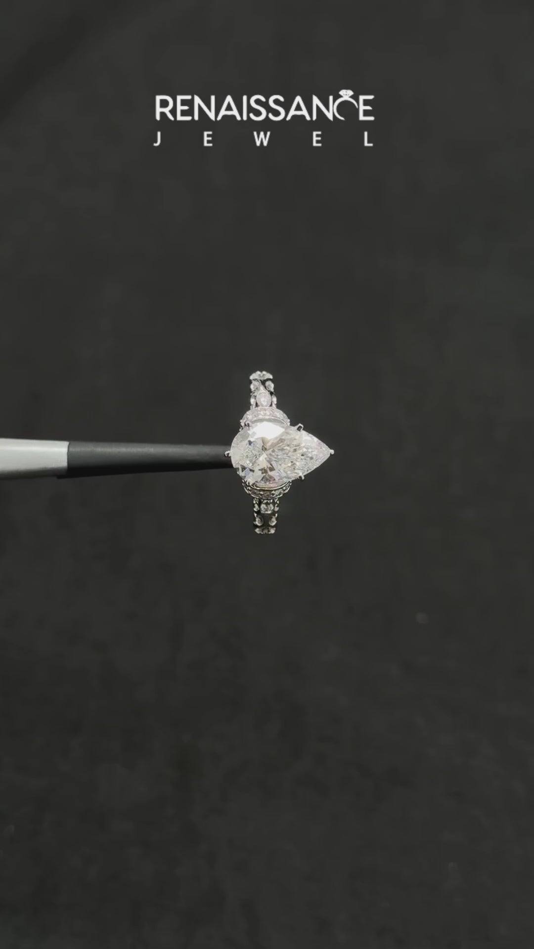 White gold Pear Solitaire Diamond Ring with Filigree Band and Four-Prong Setting_22