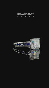 Silver Asscher Cut Diamond Cathedral Solitaire Ring with Round with Blue Sapphire side stone Pavé Band