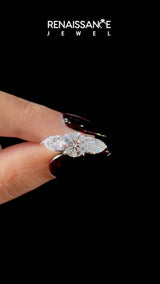 Silver Three-Stone Pear Cut Brilliant Diamond Solitaire Ring with Tapered Band and Four-Prong Setting