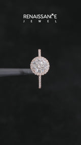 Rose gold Round Cut Diamond Pavé Halo Ring with Four-Prong Setting
