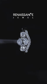 White gold Three-Stone Oval Diamond Ring with Round Side Stones, Classic Band, and Four-Prong Setting