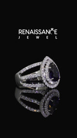 Platinum Pear Cut Blue Sapphire Double Halo Ring with Round Pavé Split Shank and Prong Setting