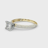 Yellow gold Princess Diamond Solitaire Ring with Prong Setting and Pavé Band