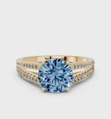 Yellow gold Fancy Blue Round Cut Diamond Solitaire Engagement Ring with Split Shank Pavé Band