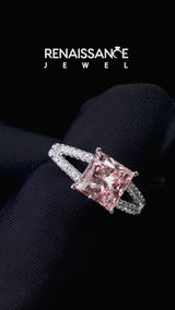 White gold Fancy Pink Princess Cut Diamond Split Shank Pavé Engagement Ring with Four-Prong Setting