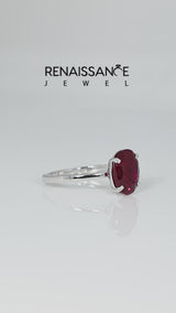 Silver Oval Cut Ruby Solitaire Engagement Ring with Classic Band and Four-Prong Setting