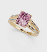 Yellow gold Fancy Pink Radiant Cut Diamond Solitaire Engagement Ring with Split Shank Pavé Band