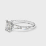 Silver Emerald Cut Diamond Solitaire with Side Baguettes and Channel Set Band