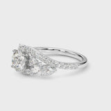 Platinum Round Diamond Halo Ring with Marquise and Pavé Band in Prong Setting