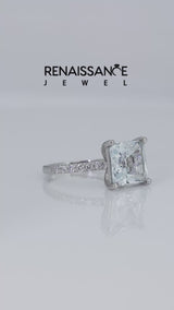 Silver Princess Cut Aquamarine Solitaire Ring with Round  Pavé Band and Prong Setting