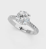 Silver Asscher Cut Solitaire Diamond Engagement Ring with Pave Band and Four-Prong Setting