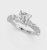 Silver Princess Cut Diamond Prong Setting with Side Stones on a Pave Band