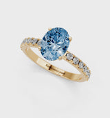 Yellow gold Fancy Blue Oval Cut Diamond Solitaire Pavé Band with Four-Prong Setting