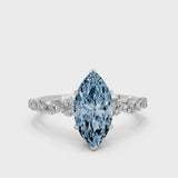 Silver Fancy Blue Marquise Cut Solitaire Diamond Ring with Pave Band and Four-Prong Setting
