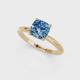 Yellow gold Fancy Blue Cushion Cut Diamond Solitaire Ring with Six-Prong Setting and Classic Band