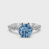 Platinum Fancy Blue Round Cut Solitaire Diamond Ring with Pave Band and Four-Prong Setting