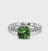 Platinum Fancy Green Cushion  Solitaire Pave Diamond Engagement Ring with Four-Prong Setting