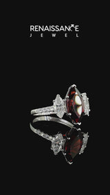 Silver Three-Stone Marquise Cut Garnet Ring with Round  Pavé Band and Prong Setting