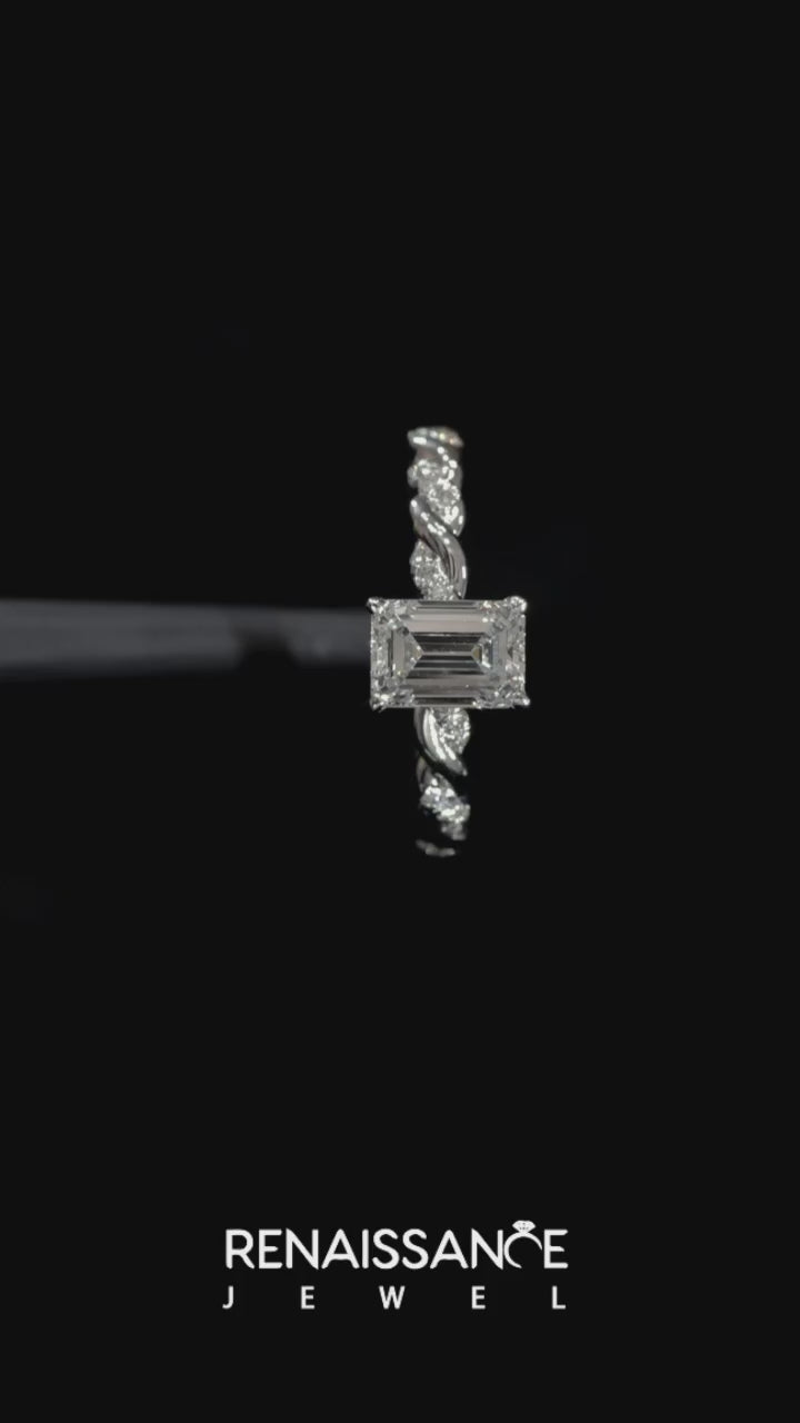 Platinum Emerald Solitaire Twisted Band with Pavé Accents and Four-Prong Setting 4